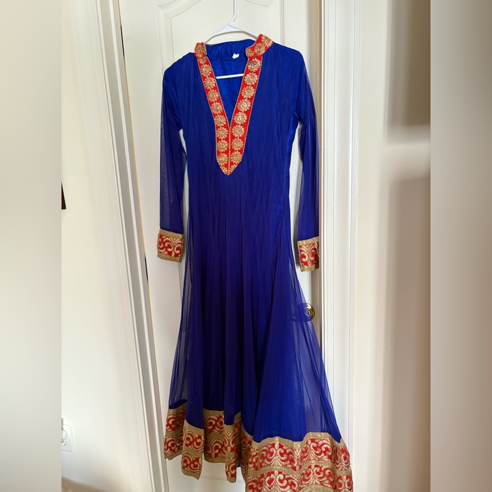 Stunning 3 piece Blue Anarkali Suit with Red & Gold Embroidery | Aprx Size Small - Picture 2 of 11